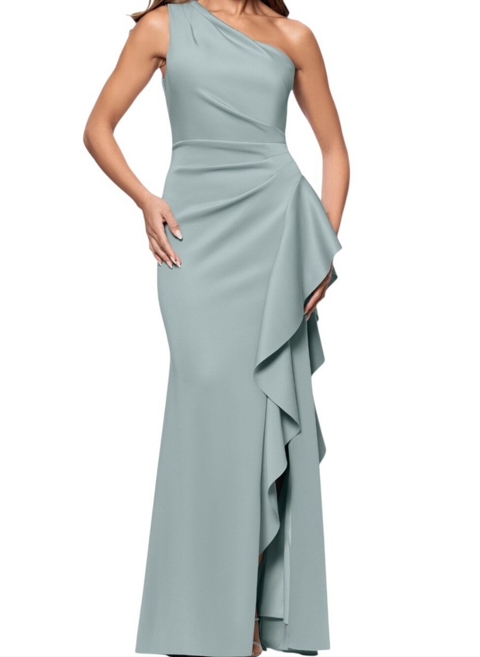 Xscape One-Shoulder Ruffle Scuba Crepe Gown In Sage....Size 8